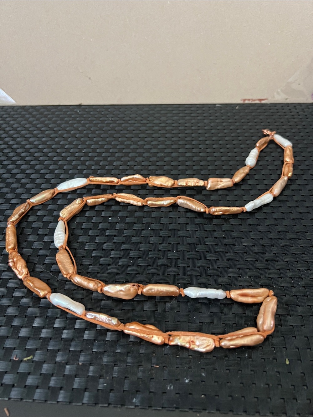 Copper and White Biwa Pearl Station Necklace freshwater